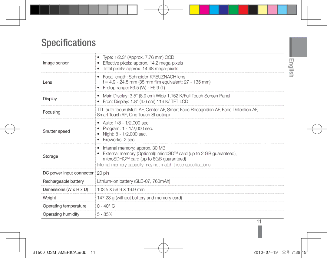 Samsung EC-ST600ZBPBE2, EC-ST600ZBPLE1, EC-ST600ZBPBE1, EC-ST600ZBPBIT, EC-ST600ZBPPIT, EC-ST600ZBPLIT manual Specifications 