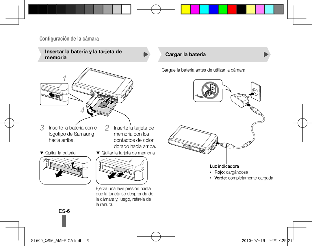 Samsung EC-ST600ZBPPRU, EC-ST600ZBPLE1, EC-ST600ZBPBE1 ES-6, Insertar la batería y la tarjeta de memoria, Cargar la batería 