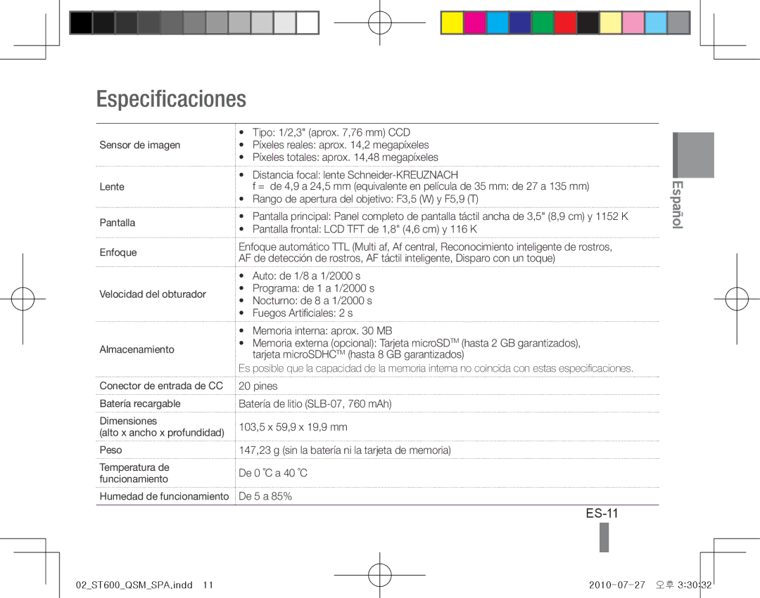 Samsung EC-ST600ZBPBIL, EC-ST600ZBPLE1, EC-ST600ZBPBE1, EC-ST600ZBPBIT, EC-ST600ZBPPIT, EC-ST600ZBPLIT Especificaciones, ES-11 