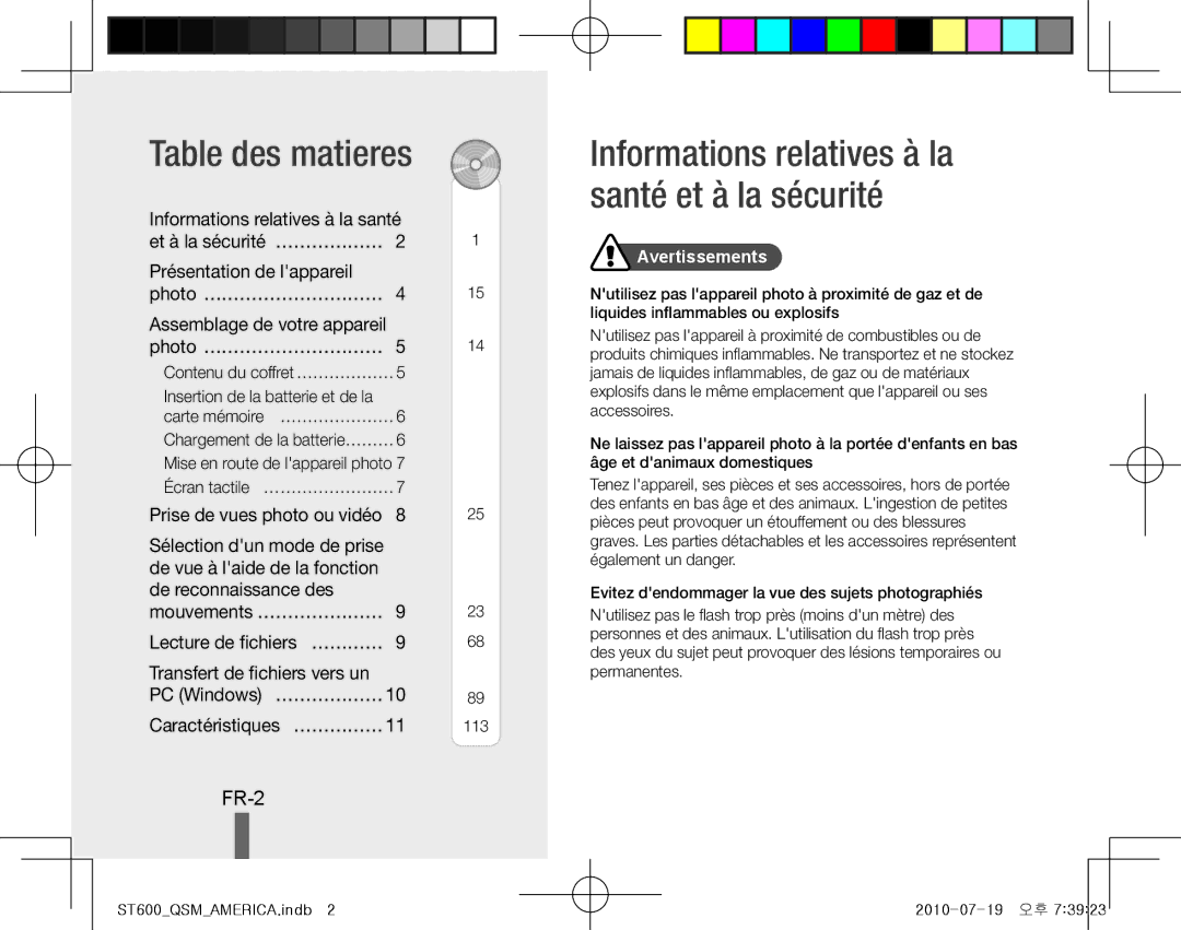 Samsung EC-ST600ZBPLE1, EC-ST600ZBPBE1 manual Table des matieres, Informations relatives à la santé et à la sécurité, FR-2 