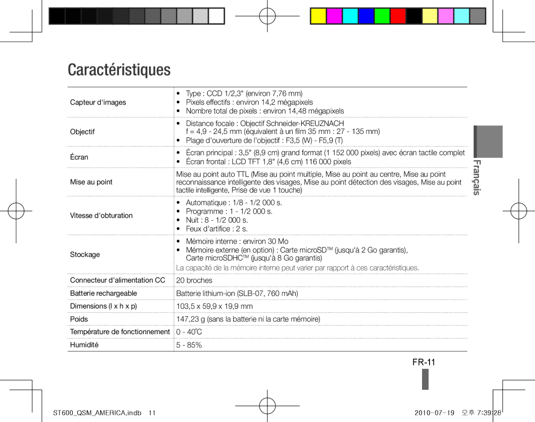 Samsung EC-ST600ZBPBE3, EC-ST600ZBPLE1, EC-ST600ZBPBE1, EC-ST600ZBPBIT, EC-ST600ZBPPIT, EC-ST600ZBPLIT Caractéristiques, FR-11 