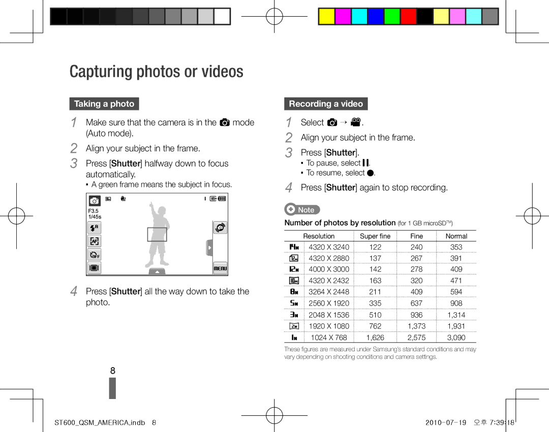 Samsung EC-ST600ZBPGE3, EC-ST600ZBPLE1, EC-ST600ZBPBE1 manual Capturing photos or videos, Taking a photo, Recording a video 