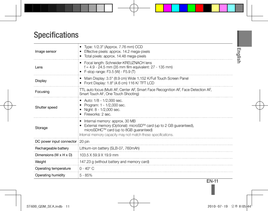 Samsung EC-ST600ZBPBE2, EC-ST600ZBPLE1, EC-ST600ZBPBE1, EC-ST600ZBPBIT, EC-ST600ZBPPIT, EC-ST600ZBPLIT Specifications, EN-11 