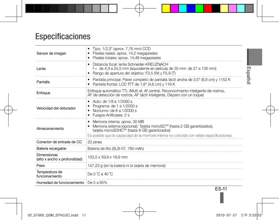 Samsung EC-ST600ZBPBIL, EC-ST600ZBPLE1, EC-ST600ZBPBE1, EC-ST600ZBPBIT, EC-ST600ZBPPIT, EC-ST600ZBPLIT Especificaciones, ES-11 