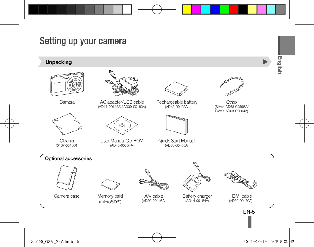 Samsung EC-ST600ZBPBGB, EC-ST600ZBPLE1, EC-ST600ZBPBE1 manual Setting up your camera, EN-5, Unpacking, Optional accessories 