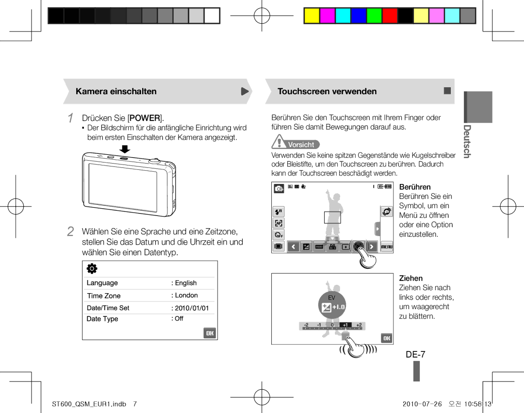 Samsung EC-ST600ZBPLRU, EC-ST600ZBPLE1 manual DE-7, Kamera einschalten, Drücken Sie Power, Touchscreen verwenden, Vorsicht 