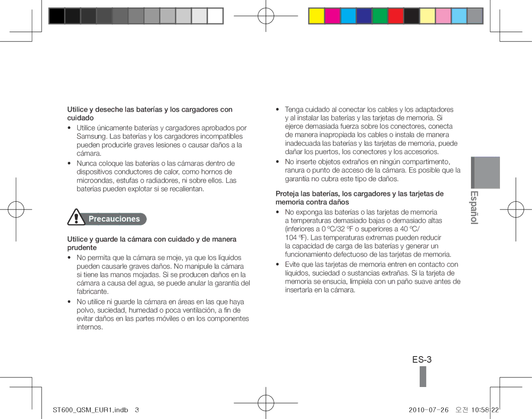 Samsung EC-ST600ZBPBE2 manual ES-3, Precauciones, Temperaturas demasiado bajas o demasiado altas, Insertarla en la cámara 