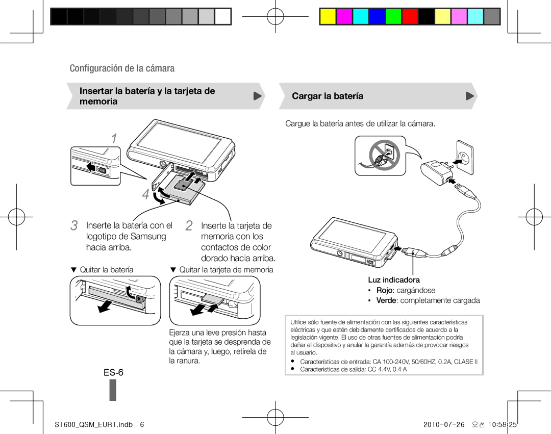 Samsung EC-ST600ZBPGRU, EC-ST600ZBPLE1, EC-ST600ZBPBE1 ES-6, Insertar la batería y la tarjeta de memoria, Cargar la batería 