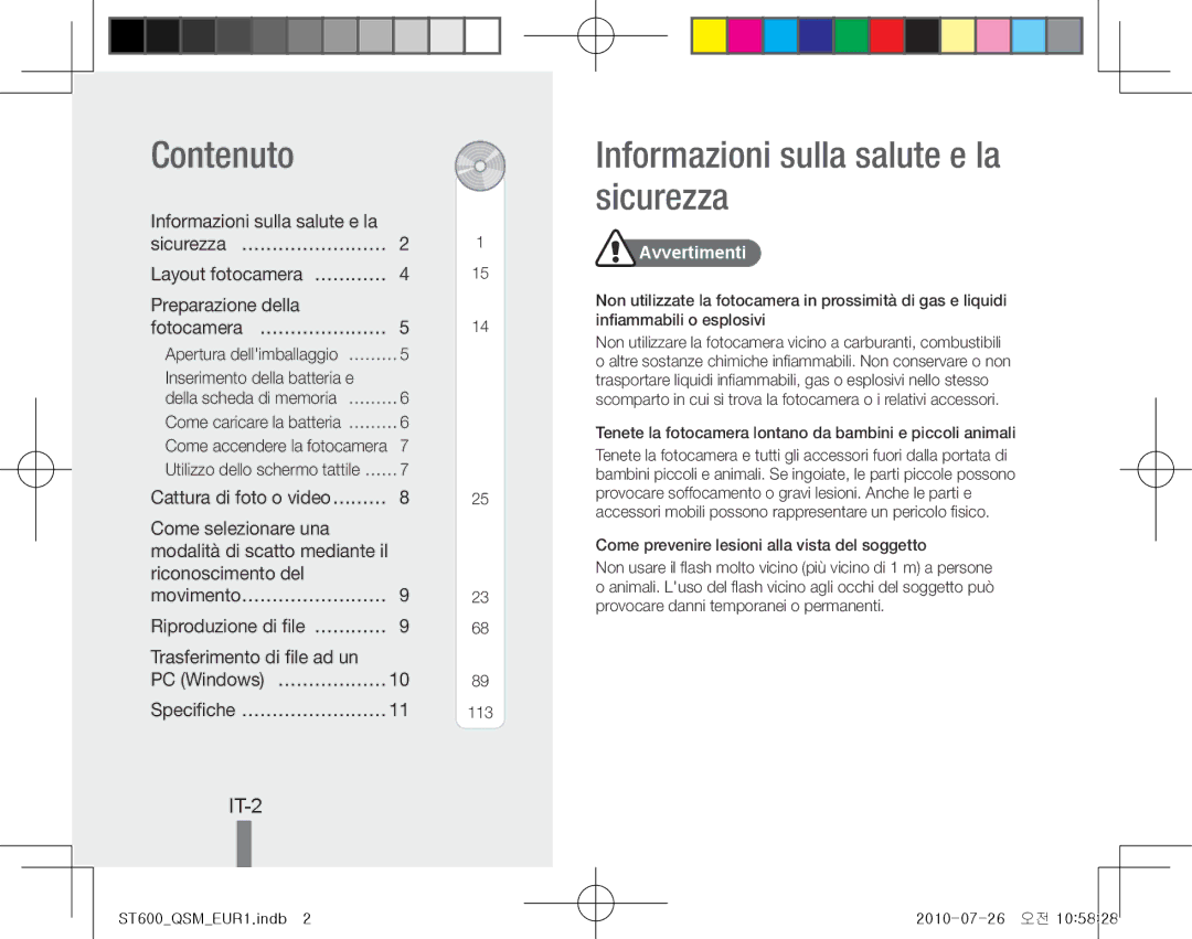 Samsung EC-ST600ZBPGIL, EC-ST600ZBPLE1 manual Contenuto, Informazioni sulla salute e la sicurezza, IT-2, Avvertimenti 