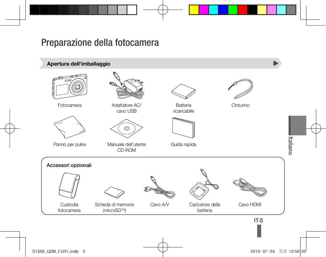 Samsung EC-ST600ZBPBE1, EC-ST600ZBPLE1 Preparazione della fotocamera, IT-5, Apertura dellimballaggio, Accessori opzionali 