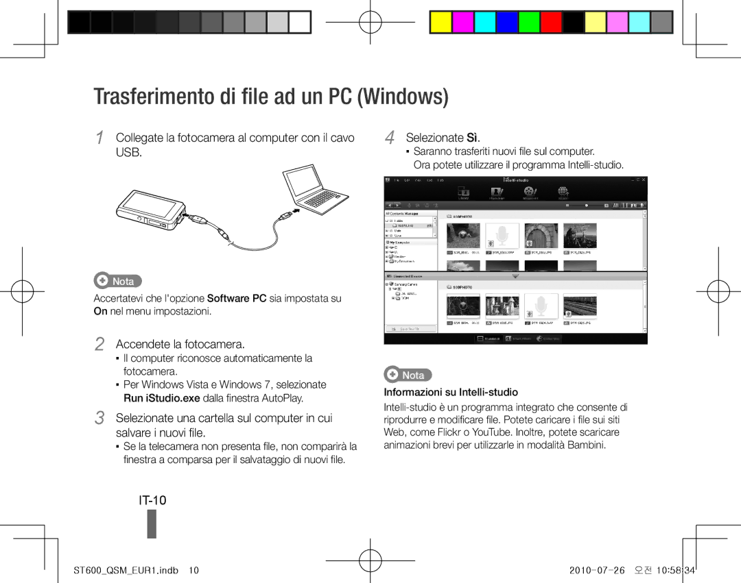 Samsung EC-ST600ZBPGE1 Trasferimento di file ad un PC Windows, IT-10, Collegate la fotocamera al computer con il cavo USB 