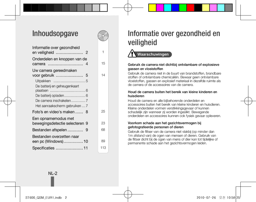 Samsung EC-ST600ZBPGE3, EC-ST600ZBPLE1, EC-ST600ZBPBE1 manual Inhoudsopgave, Informatie over gezondheid en veiligheid, NL-2 