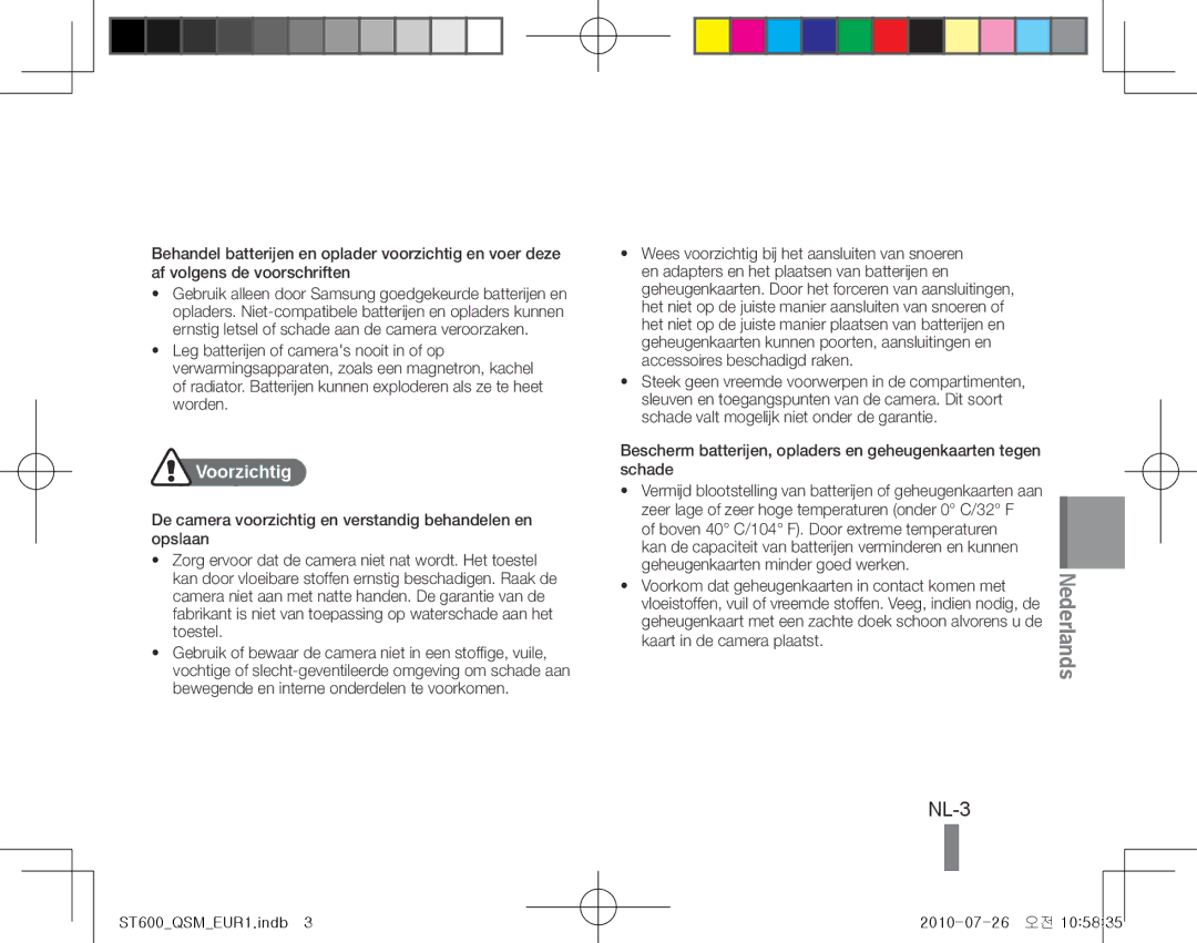 Samsung EC-ST600ZBPBE3, EC-ST600ZBPLE1 manual NL-3, Voorzichtig, De camera voorzichtig en verstandig behandelen en opslaan 