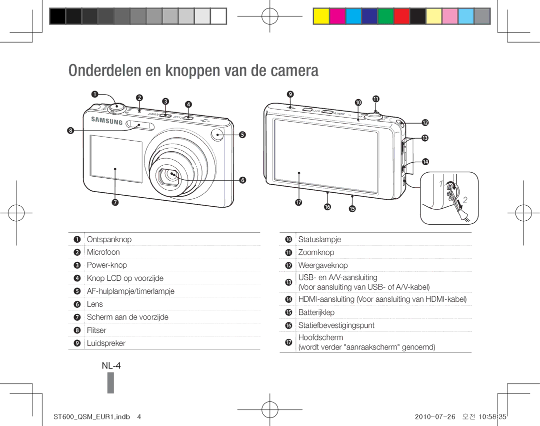 Samsung EC-ST600ZBPGE2, EC-ST600ZBPLE1, EC-ST600ZBPBE1, EC-ST600ZBPBIT manual Onderdelen en knoppen van de camera, NL-4 