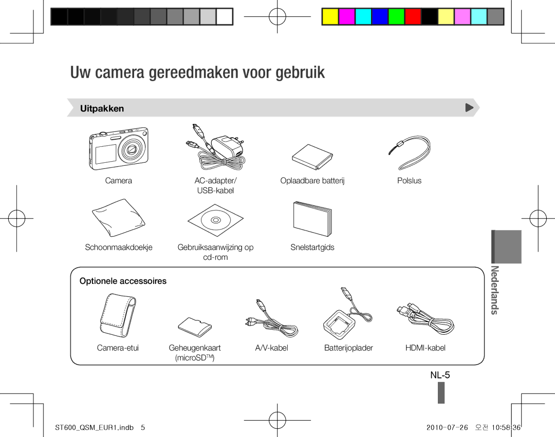 Samsung EC-ST600ZBPBE2, EC-ST600ZBPLE1 manual Uw camera gereedmaken voor gebruik, NL-5, Uitpakken, Optionele accessoires 