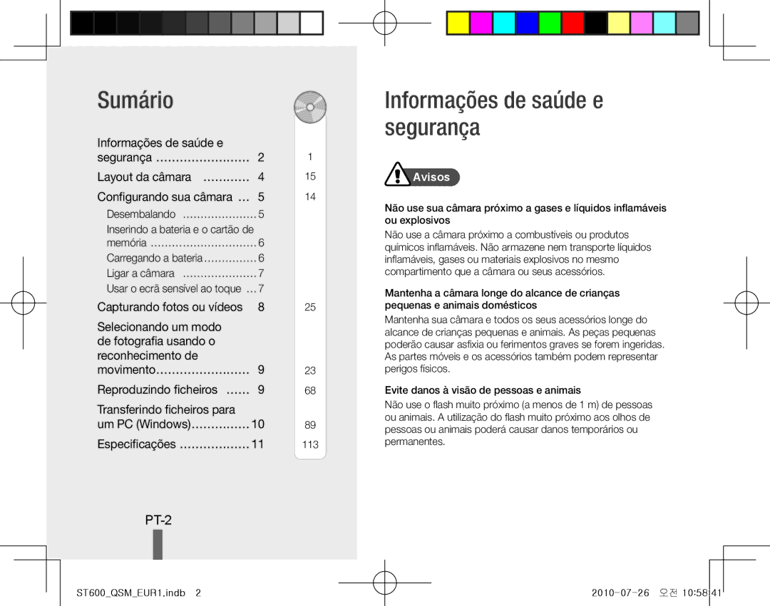 Samsung EC-ST600ZBPLIL Sumário, Informações de saúde e segurança, PT-2, Layout da câmara… ………… Configurando sua câmara… … 