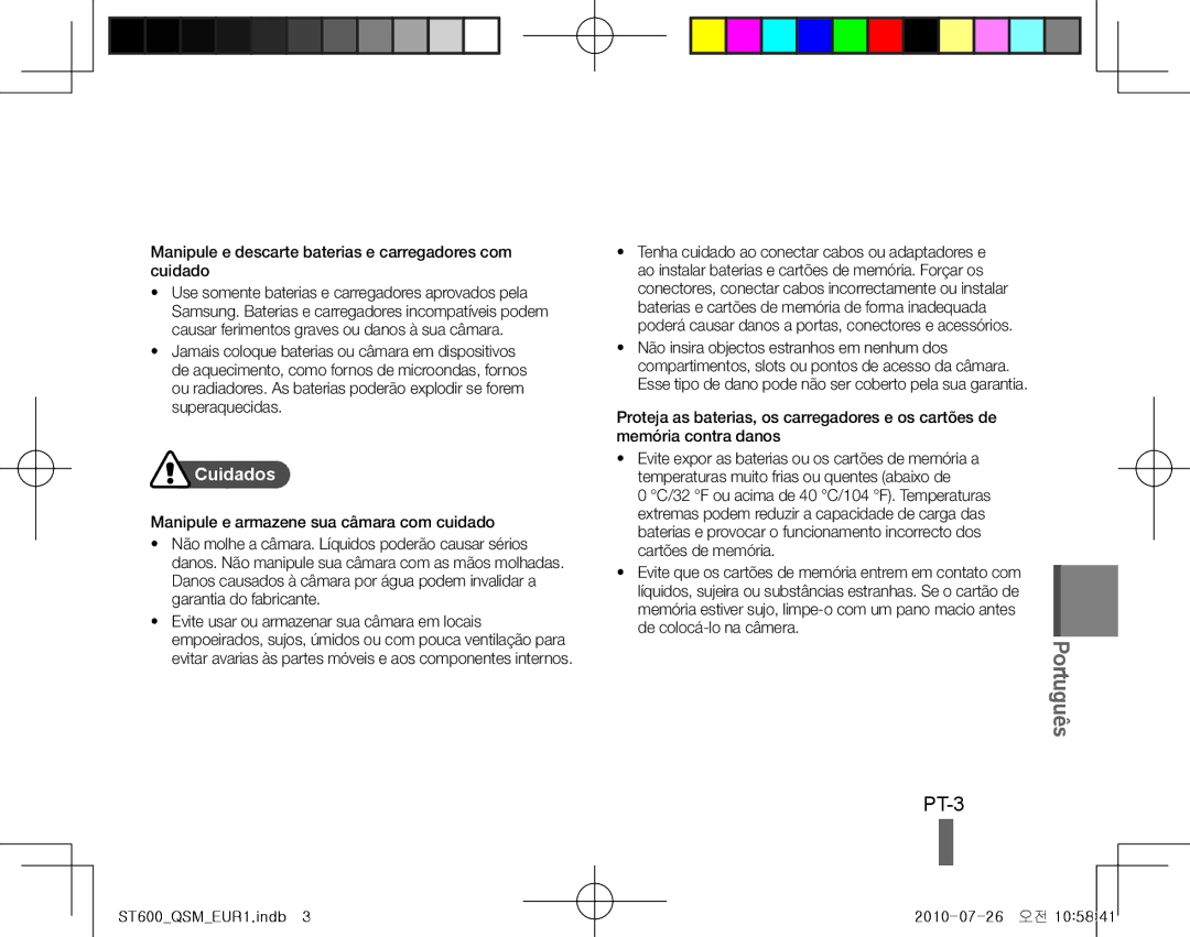 Samsung EC-ST600ZDDGTH, EC-ST600ZBPLE1 manual PT-3, Manipule e descarte baterias e carregadores com cuidado, Cuidados 