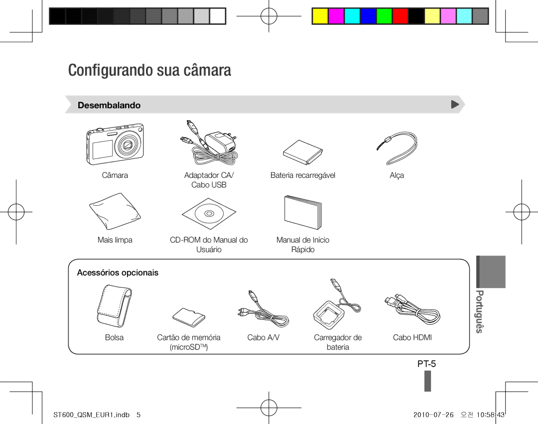 Samsung EC-ST600ZBPBIL, EC-ST600ZBPLE1, EC-ST600ZBPBE1 Configurando sua câmara, PT-5, Desembalando, Acessórios opcionais 