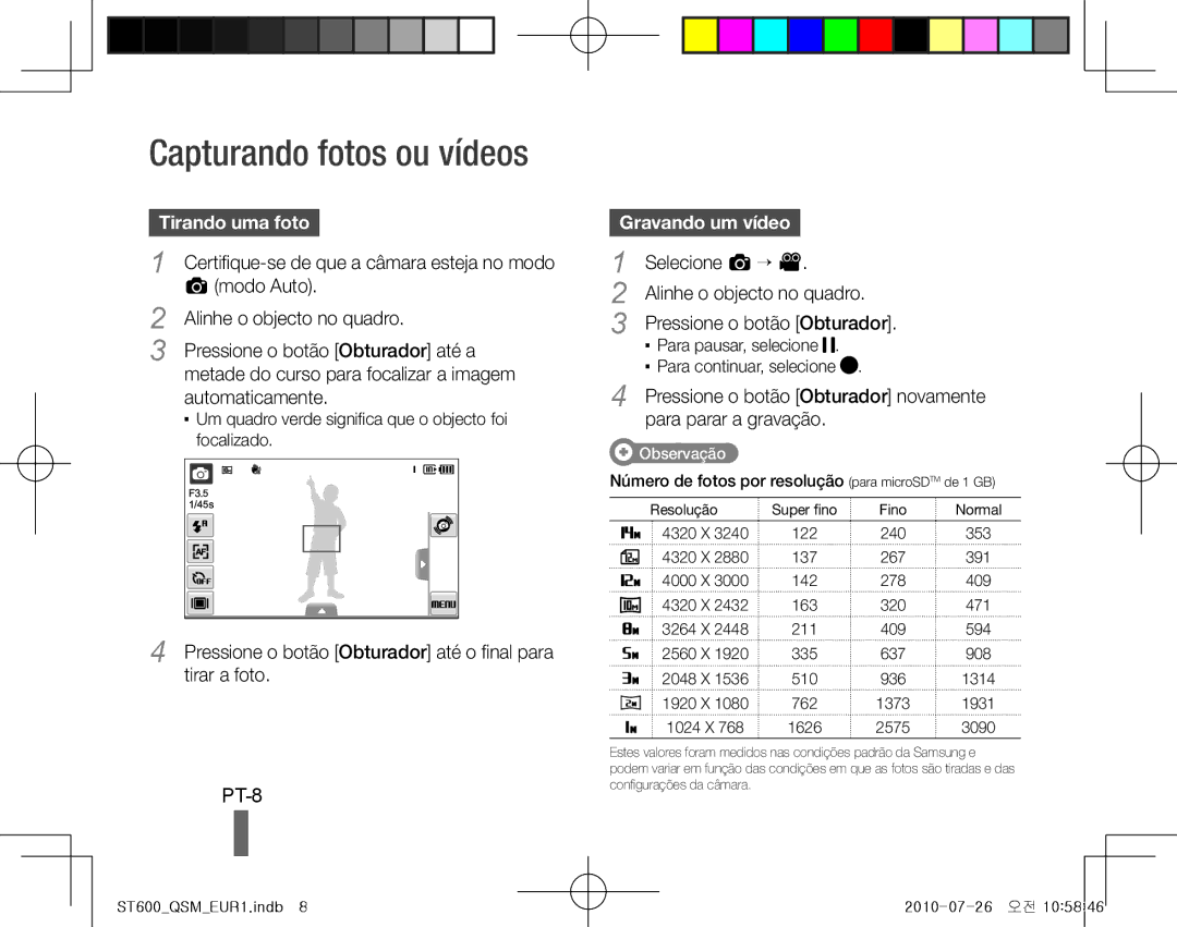 Samsung EC-ST600ZBPBIT, EC-ST600ZBPLE1 manual Capturando fotos ou vídeos, PT-8, Tirando uma foto, Gravando um vídeo 