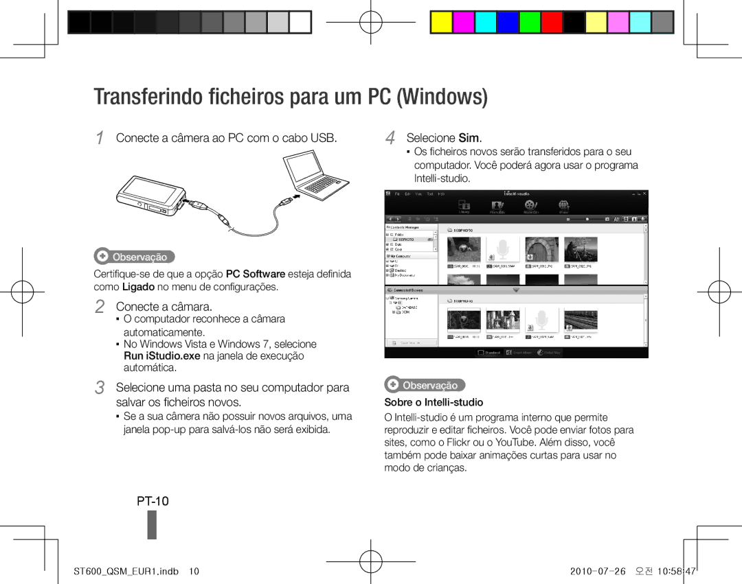 Samsung EC-ST600ZBPLIT manual Transferindo ficheiros para um PC Windows, PT-10, Conecte a câmera ao PC com o cabo USB 