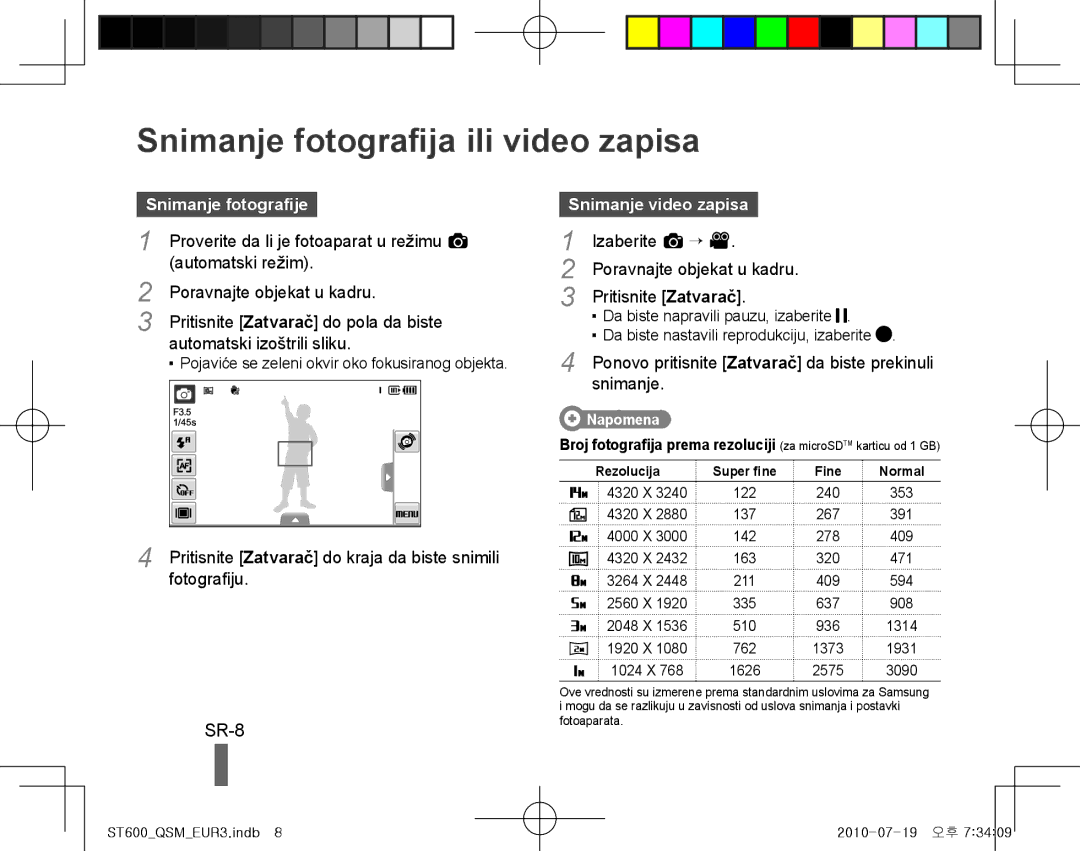 Samsung EC-ST600ZBPGE3 manual Snimanje fotografija ili video zapisa, SR-8, Snimanje fotografije, Snimanje video zapisa 