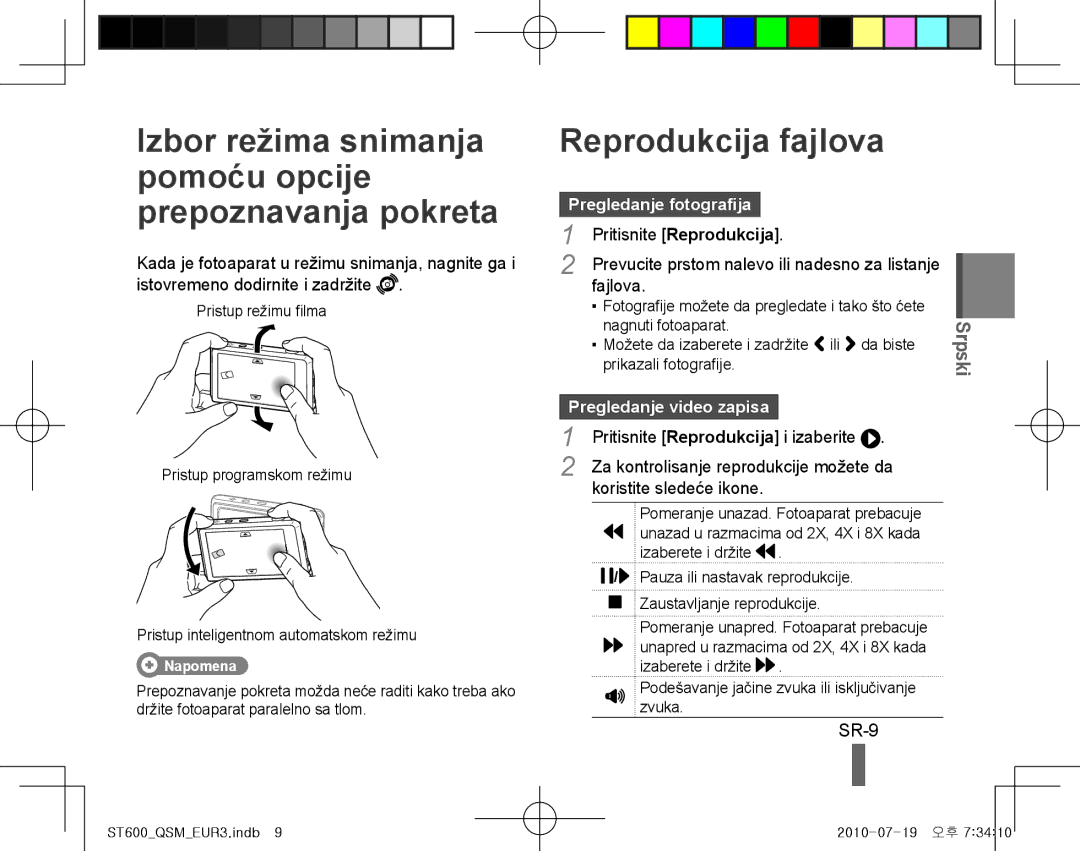 Samsung EC-ST600ZBPBE3 manual Izbor režima snimanja pomoću opcije prepoznavanja pokreta, Reprodukcija fajlova, SR-9 