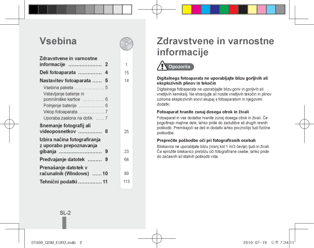 Samsung EC-ST600ZBPLE2, EC-ST600ZBPLE1, EC-ST600ZBPBE1, EC-ST600ZBPBIT Vsebina, Zdravstvene in varnostne informacije, SL-2 