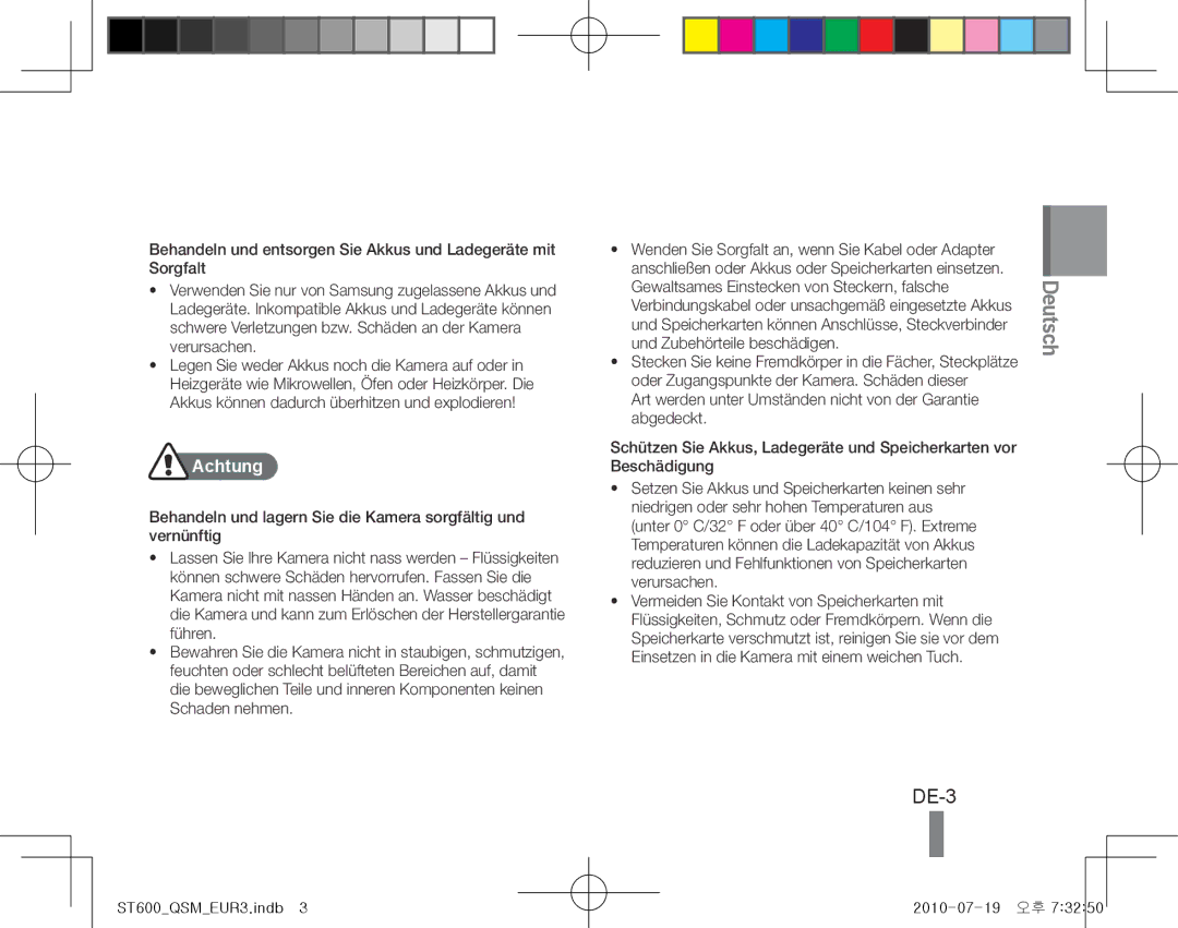 Samsung EC-ST600ZBPPE2 manual DE-3, Achtung, Gewaltsames Einstecken von Steckern, falsche, Und Zubehörteile beschädigen 