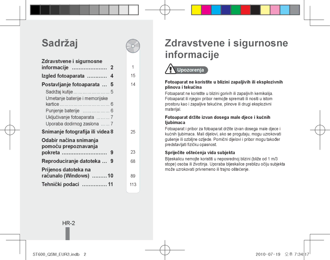 Samsung EC-ST600ZBPLE1 manual Zdravstvene i sigurnosne informacije, HR-2, Zdravstvene i sigurnosne Informacije… ………………… 