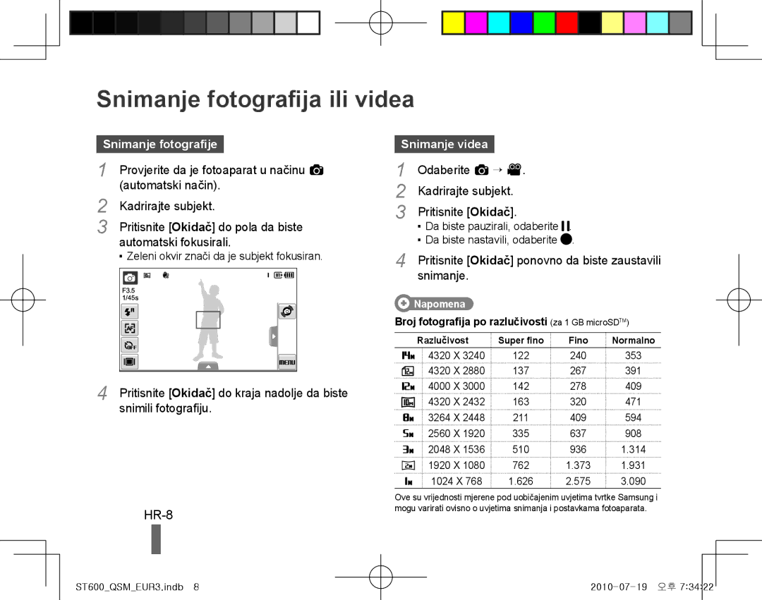 Samsung EC-ST600ZBPGE1, EC-ST600ZBPLE1, EC-ST600ZBPBE1, EC-ST600ZBPBIT Snimanje fotografija ili videa, HR-8, Snimanje videa 