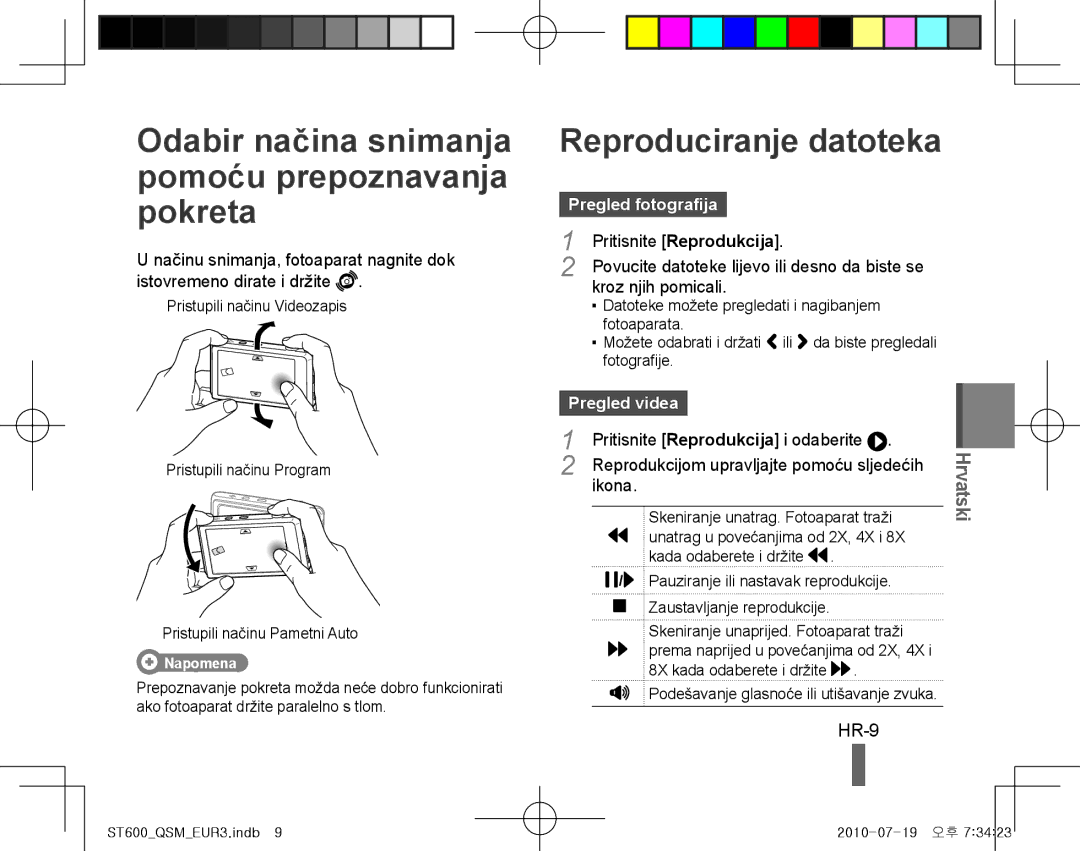 Samsung EC-ST600ZBDBVN Odabir načina snimanja pomoću prepoznavanja pokreta, Reproduciranje datoteka, HR-9, Pregled videa 