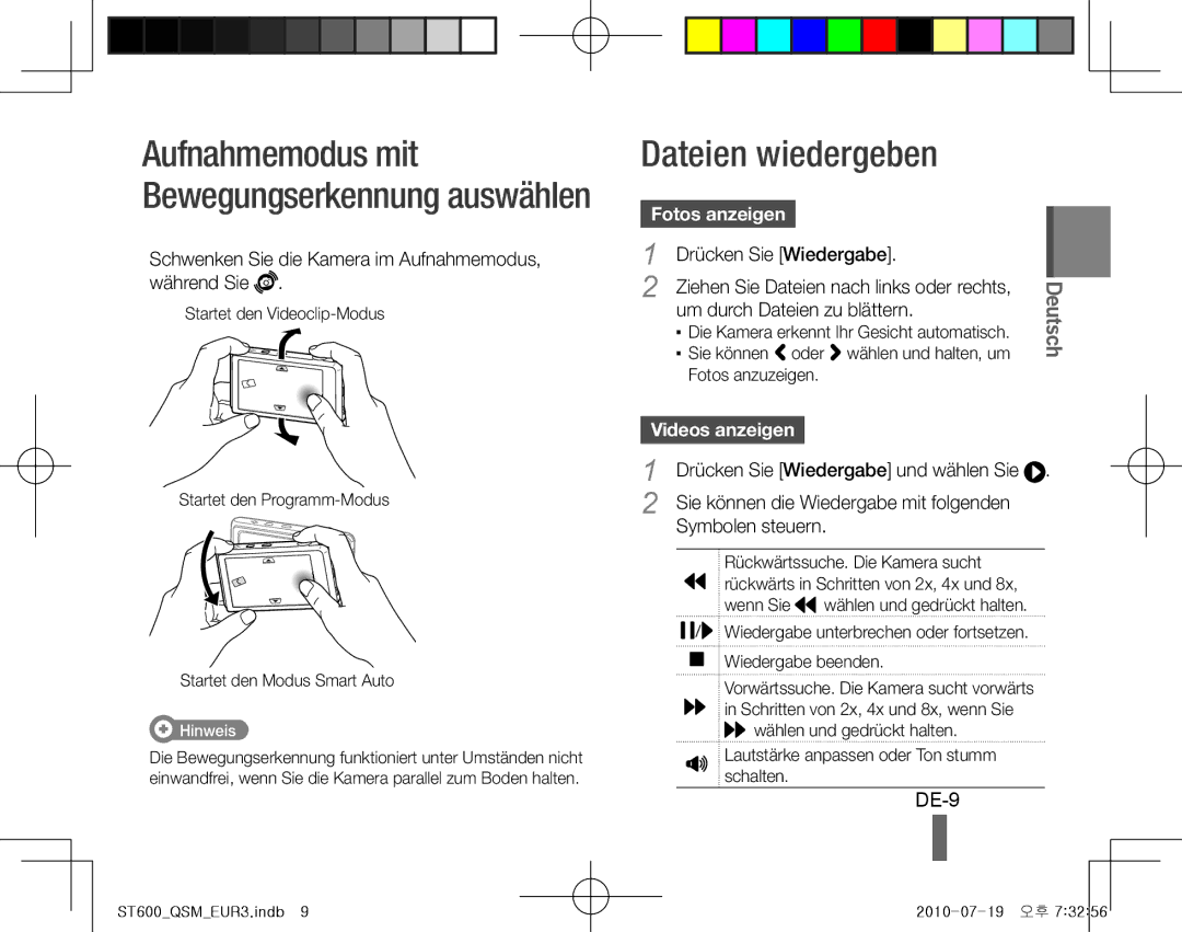 Samsung EC-ST600ZDDGTH, EC-ST600ZBPLE1, EC-ST600ZBPBE1 manual Dateien wiedergeben, DE-9, Fotos anzeigen, Videos anzeigen 