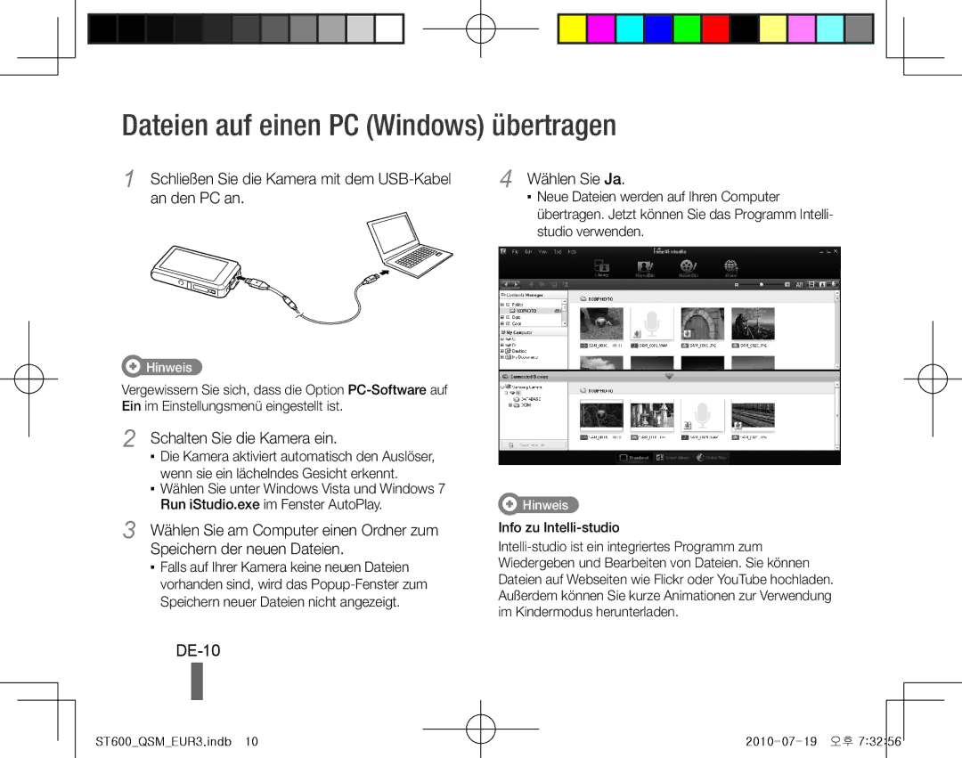 Samsung EC-ST600ZBPGIL manual Dateien auf einen PC Windows übertragen, DE-10, Schalten Sie die Kamera ein, Wählen Sie Ja 