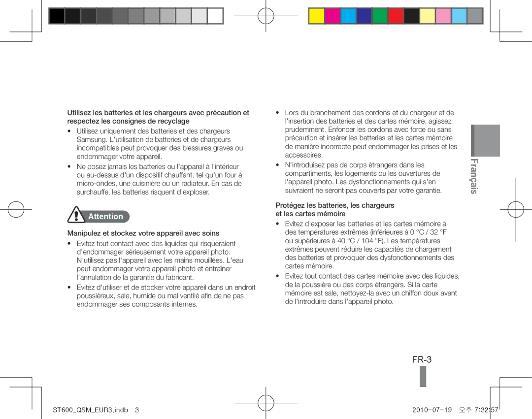 Samsung EC-ST600ZBPBE1, EC-ST600ZBPLE1, EC-ST600ZBPBIT manual Français, FR-3, Manipulez et stockez votre appareil avec soins 