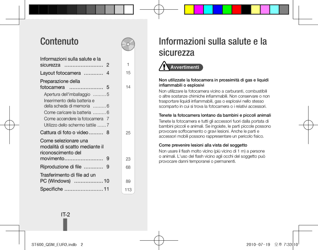 Samsung EC-ST600ZBPGE2, EC-ST600ZBPLE1 manual Contenuto, Informazioni sulla salute e la sicurezza, IT-2, Avvertimenti 