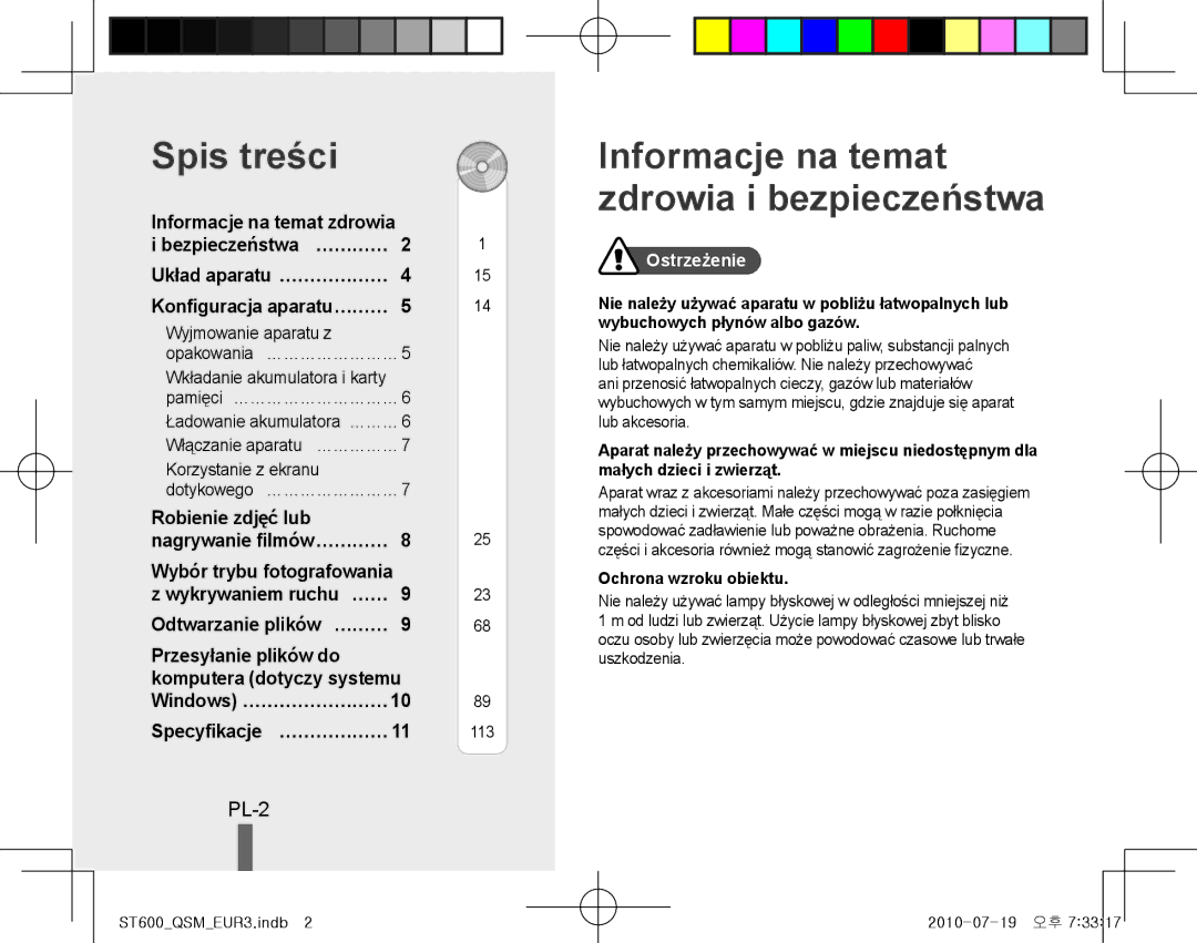 Samsung EC-ST600ZBPGIL Spis treści, Informacje na temat zdrowia i bezpieczeństwa, PL-2, Specyfikacje… ………………, Ostrzeżenie 