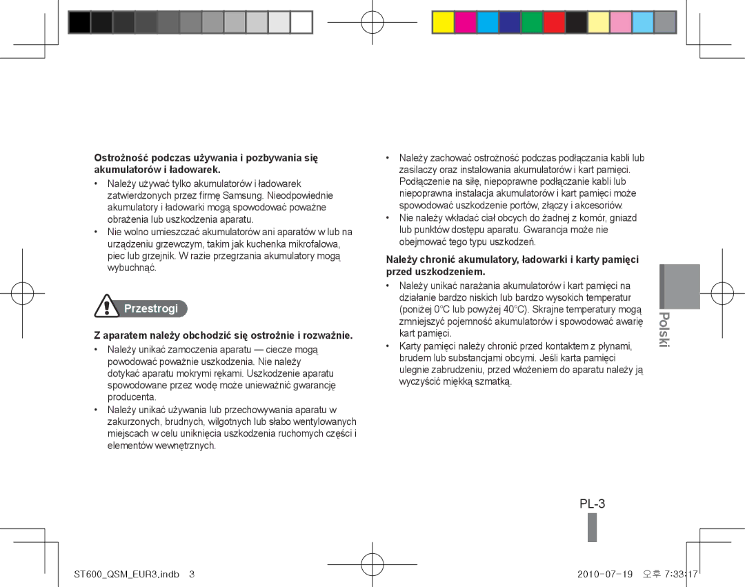 Samsung EC-ST600ZBPBIL, EC-ST600ZBPLE1, EC-ST600ZBPBE1, EC-ST600ZBPBIT, EC-ST600ZBPPIT manual PL-3, Polski, Przestrogi 