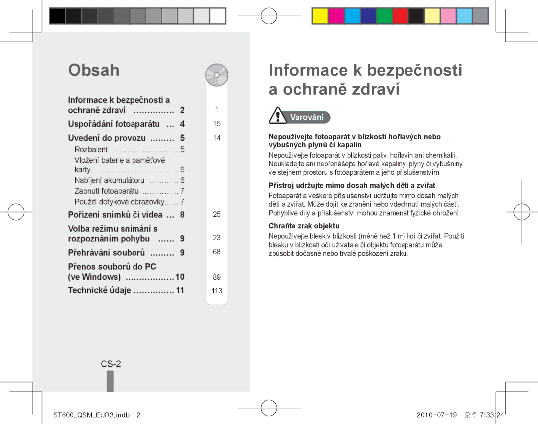 Samsung EC-ST600ZBPGE3, EC-ST600ZBPLE1, EC-ST600ZBPBE1 manual Obsah, Informace k bezpečnosti a ochraně zdraví, CS-2, Varování 