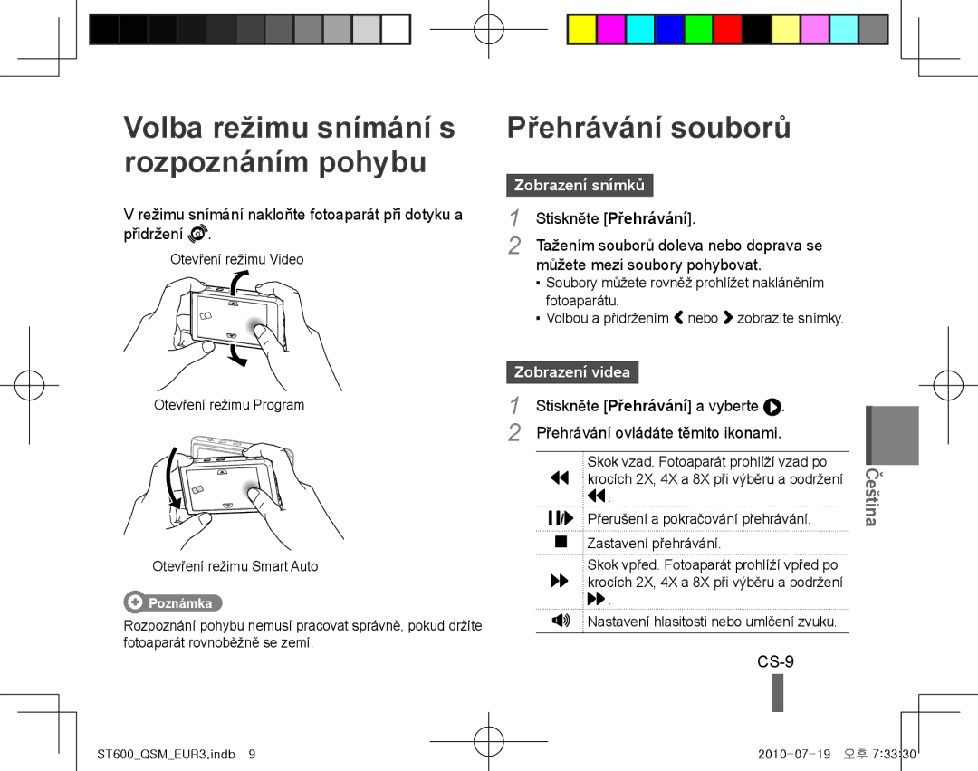 Samsung EC-ST600ZBPBRU manual Volba režimu snímání s rozpoznáním pohybu, Přehrávání souborů, CS-9, Zobrazení snímků 