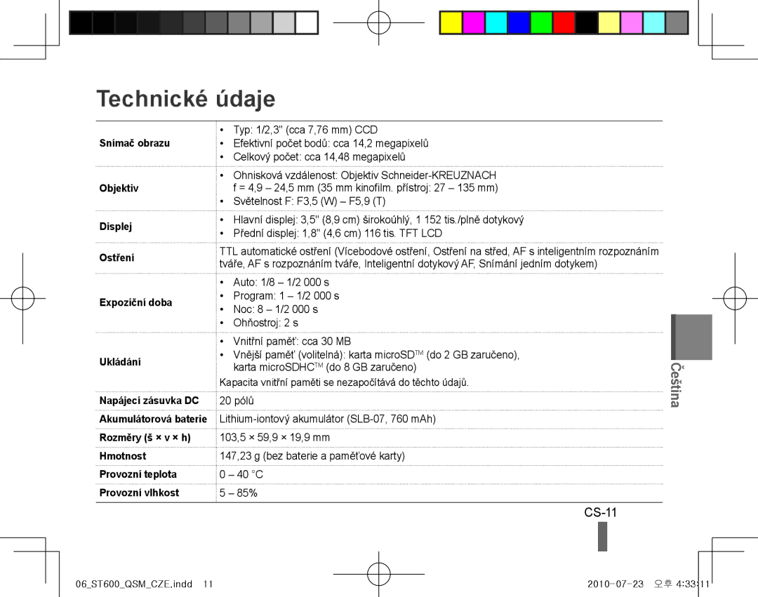 Samsung EC-ST600ZBPLRU, EC-ST600ZBPLE1, EC-ST600ZBPBE1, EC-ST600ZBPBIT, EC-ST600ZBPPIT, EC-ST600ZBPLIT Technické údaje, CS-11 