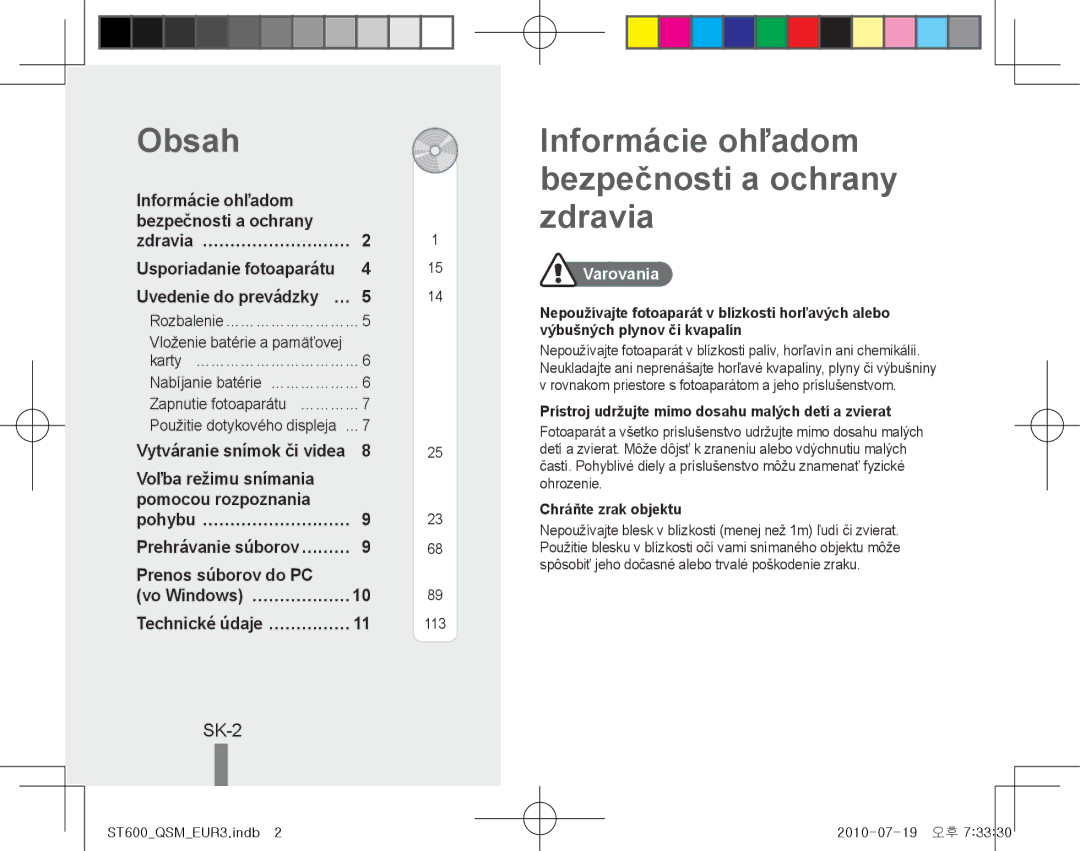 Samsung EC-ST600ZBPLIL manual Informácie ohľadom bezpečnosti a ochrany zdravia, SK-2, Prenos súborov do PC, Varovania 