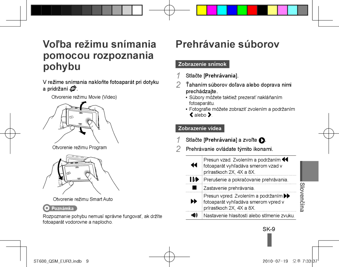 Samsung EC-ST600ZBPPIT Voľba režimu snímania pomocou rozpoznania pohybu, Prehrávanie súborov, SK-9, Zobrazenie snímok 