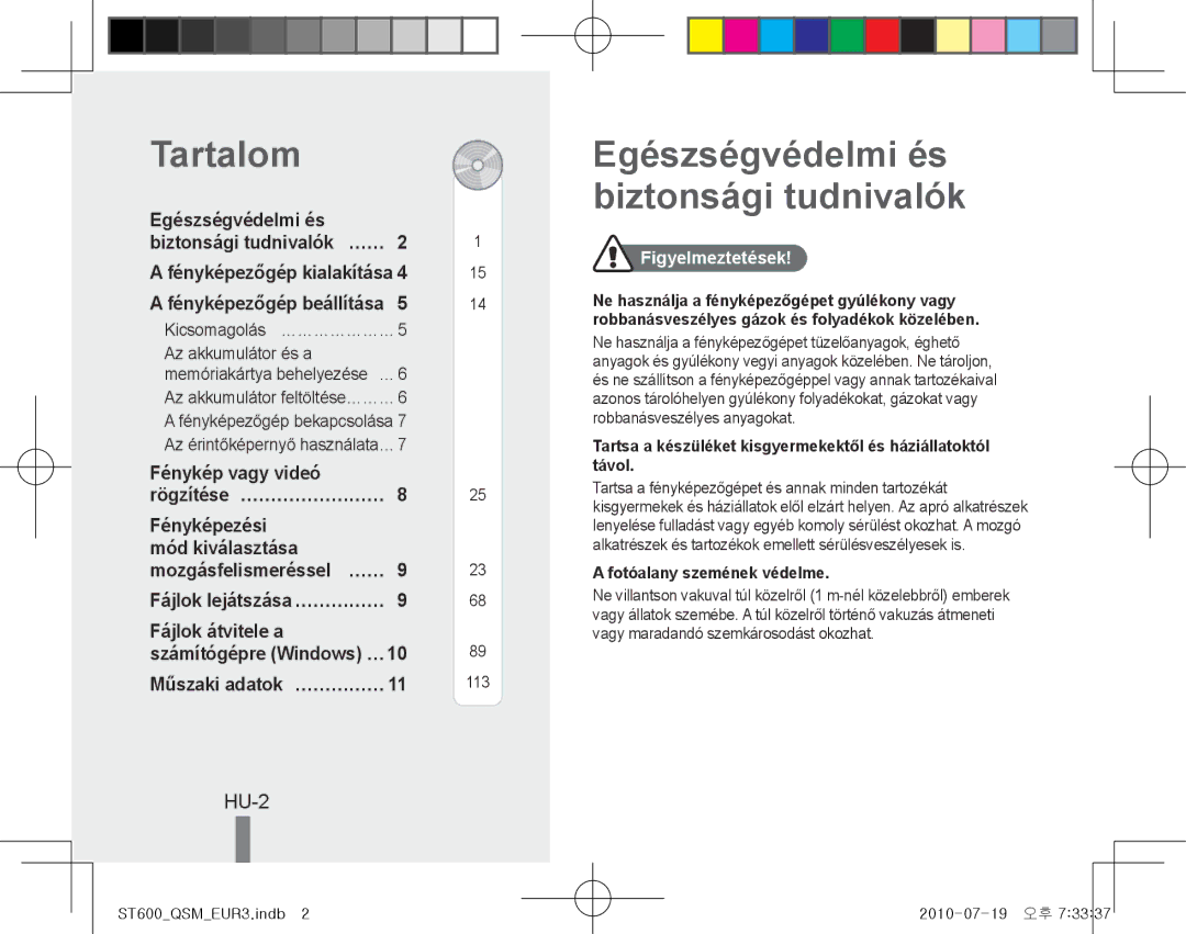 Samsung EC-ST600ZBPGE1, EC-ST600ZBPLE1 manual Tartalom, Egészségvédelmi és biztonsági tudnivalók, HU-2, Fájlok átvitele a 