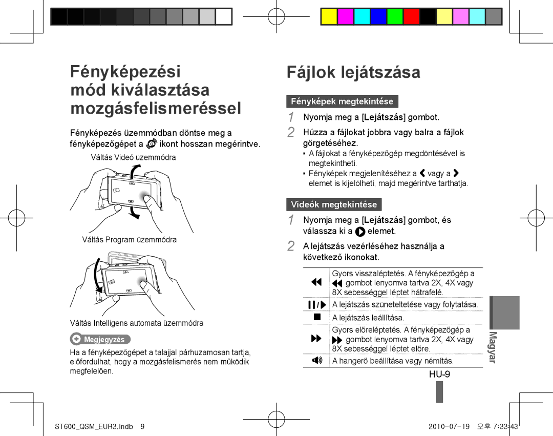 Samsung EC-ST600ZBPPE2 Fényképezési mód kiválasztása mozgásfelismeréssel, Fájlok lejátszása, HU-9, Fényképek megtekintése 