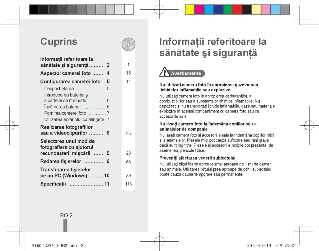 Samsung EC-ST600ZBPPRU manual Cuprins, Informaţii referitoare la sănătate şi siguranţă, RO-2, Realizarea fotografiilor 