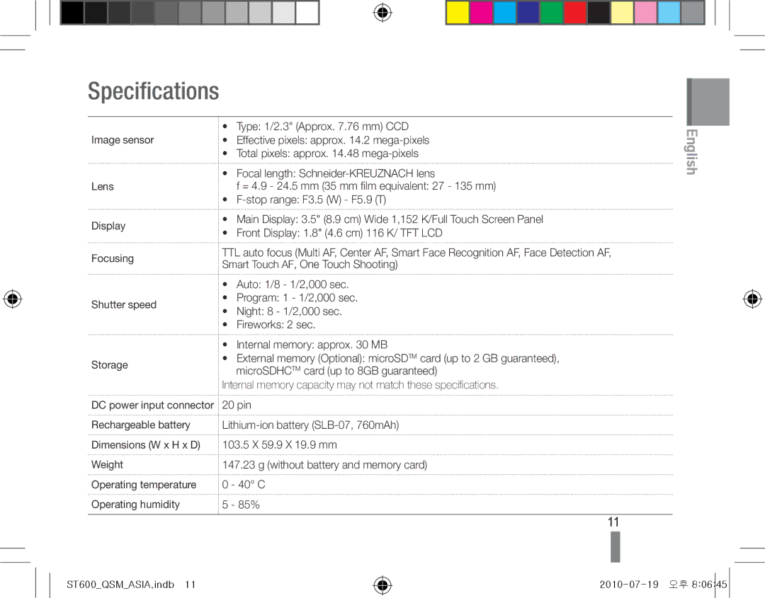 Samsung EC-ST600ZBPBE2, EC-ST600ZBPLE1, EC-ST600ZBPBE1, EC-ST600ZBPBIT, EC-ST600ZBPPIT, EC-ST600ZBPLIT manual Specifications 