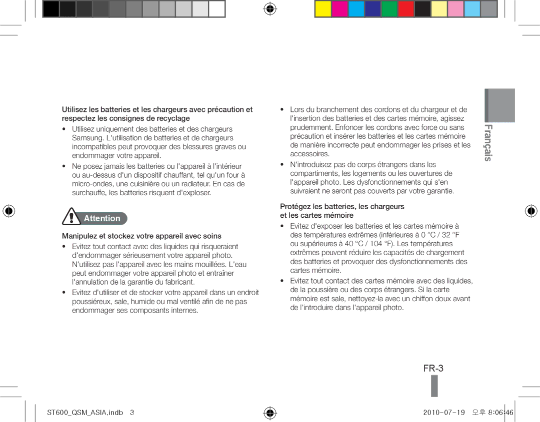 Samsung EC-ST600ZBPPE2, EC-ST600ZBPLE1, EC-ST600ZBPBE1, EC-ST600ZBPBIT FR-3, Manipulez et stockez votre appareil avec soins 