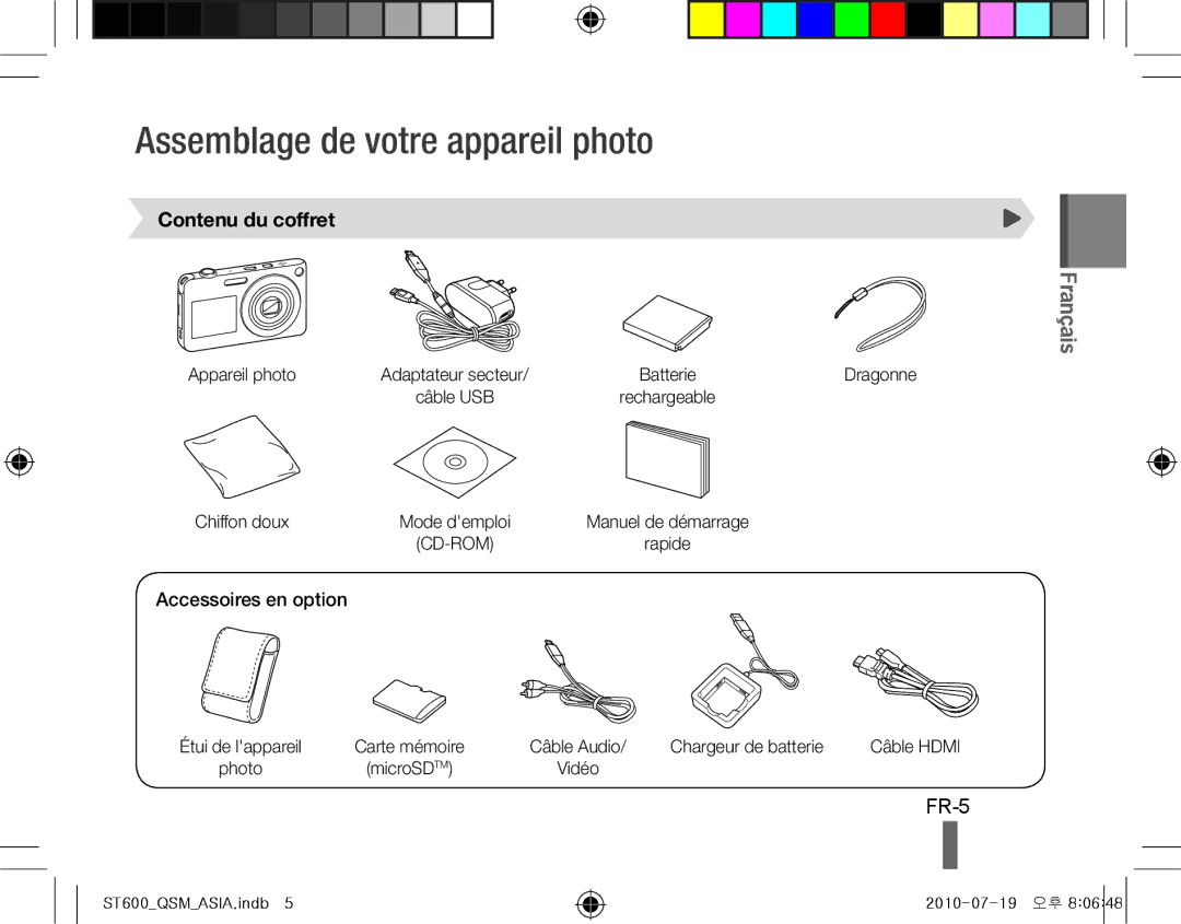 Samsung EC-ST600ZBPBRU, EC-ST600ZBPLE1 Assemblage de votre appareil photo, FR-5, Contenu du coffret, Accessoires en option 