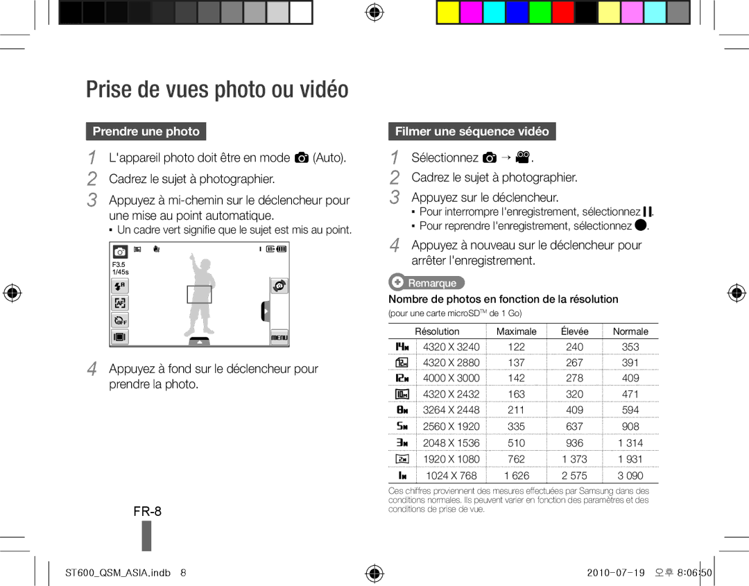 Samsung EC-ST600ZBPLIL, EC-ST600ZBPLE1, EC-ST600ZBPBE1, EC-ST600ZBPBIT FR-8, Prendre une photo, Filmer une séquence vidéo 