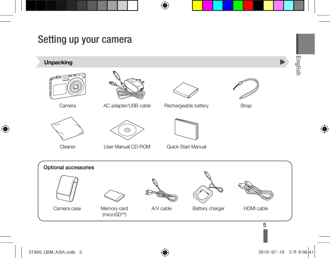 Samsung EC-ST600ZBPBGB, EC-ST600ZBPLE1, EC-ST600ZBPBE1 manual Setting up your camera, Unpacking, Optional accessories 